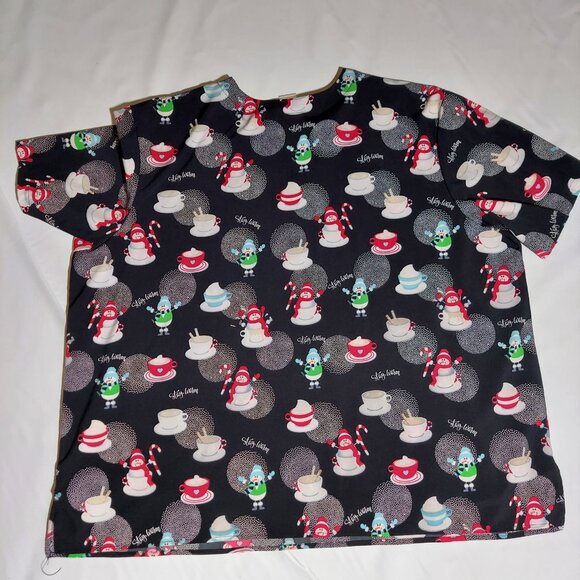 Let it Snowmen Black Printed Women's 3-Pocket V-Neck Scrub Top - Picture 2 of 6